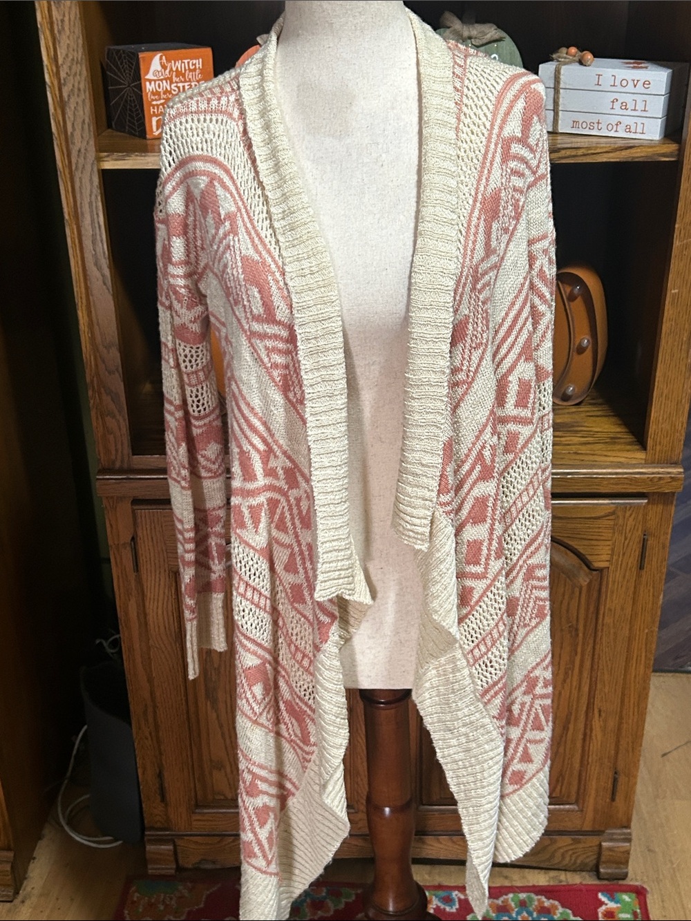 Hippie Rose Cream Open-Front Cardigan with Dusty Pink Aztec Pattern Size Small